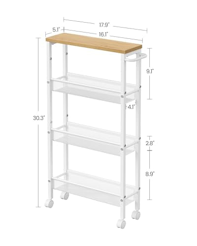 VASAGLE 4-Tier Slim Rolling Storage cart with Wheels, 5.1 Inches, Metal - color: Oak Beige + Classic White, size: 4 Tiers (5.1"D x 30.3"H)