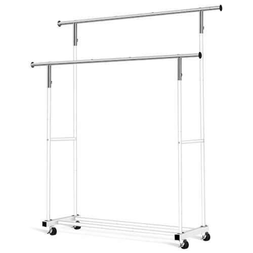 VICERII Double Clothing Rack, 55.51 Inch Garment Rack with Wheels and Bottom Shelf, 130LB Capacity Heavy Duty Rolling Clothes Racks for Hanging Clothes, Coats, Shirts, Sweaters, Skirts, White - color: White, size: Double