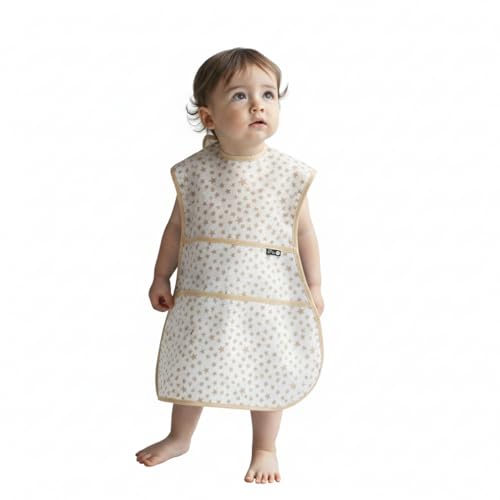 Plie Full Coverage Waterproof Feeding Bib for Toddlers – Extra Long Apron Bib for Mealtime, Self-Feeding, High Chairn - color: Beige Star