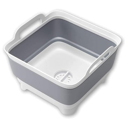 THANSTAR Collapsible Wash Basin, 9L/2.4Gal Foldable Sink with Drain Plug, 2-in-1 Dish Drying Rack & Storage Bucket, Portable Washing Bin for Kitchen/Camping/RV, BPA Free PP, Space-Saving Design, Gray