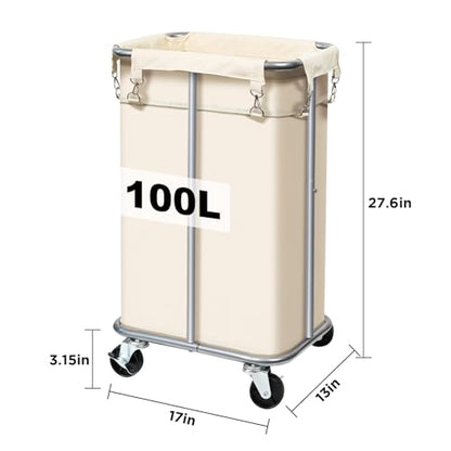 100L Rolling Laundry Hamper Basket with Wheels for Bedroom, Beige - color: Cream