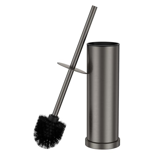 Pewter Toilet Brush and Holder Set，Stainless Steel Heavy Duty Toilet Bowl Brush，Extra Long Handled Modern Toilet Cleaner Brush with Replaceable Head, Removable Inner Bowl, and Splash Protection - color: Pewter