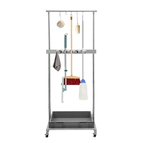 Broom and Mop Holder, Mobile Cleaning Tools Storage Cart with Wheels, Cleaning Supplies Organizer with 5 Slots 12 Hooks and Drip Tray, Janitorial Cart for Home Garage Laundry Room Office