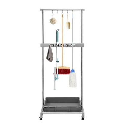 Broom and Mop Holder, Mobile Cleaning Tools Storage Cart with Wheels, Cleaning Supplies Organizer with 5 Slots 12 Hooks and Drip Tray, Janitorial Cart for Home Garage Laundry Room Office