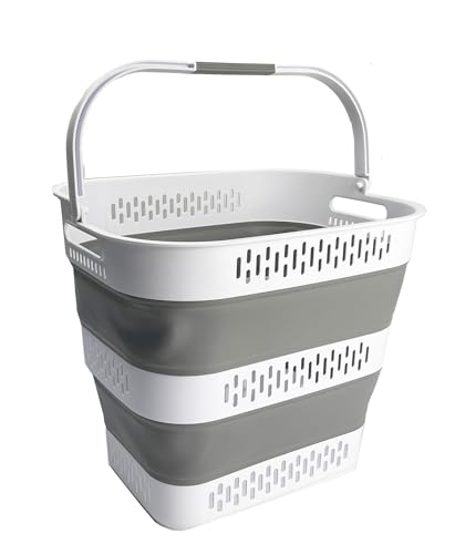 SAMMART 40L (10.5 Gallon) Collapsible Plastic Laundry Basket with Handles - Foldable Pop Up Storage Container/Organizer - Portable Laundry Hamper - Space Saving (1, White/Grey) - color: White/Grey
