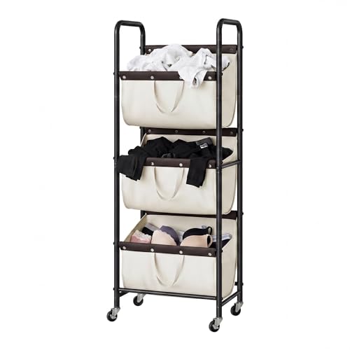 GRANNY SAYS 3 Tiered Laundry Sorter, Narrow Hamper Cart with Wheels - color: Beige