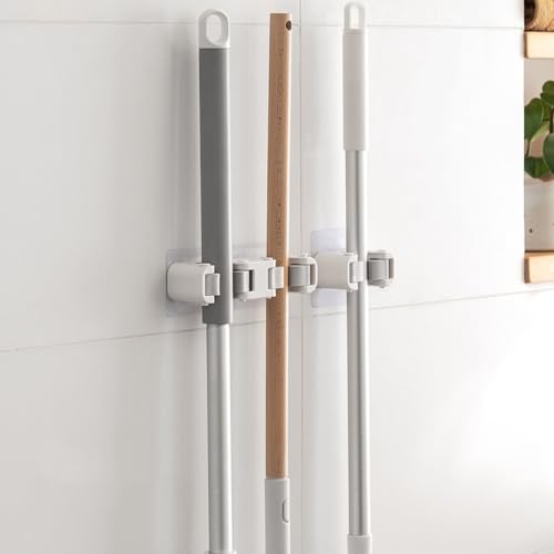 Broom Holder Wall Mount Self Adhesive, No-Drill Mop Grip Organizer for Home - size: 1 Single clip + 1 Double clip