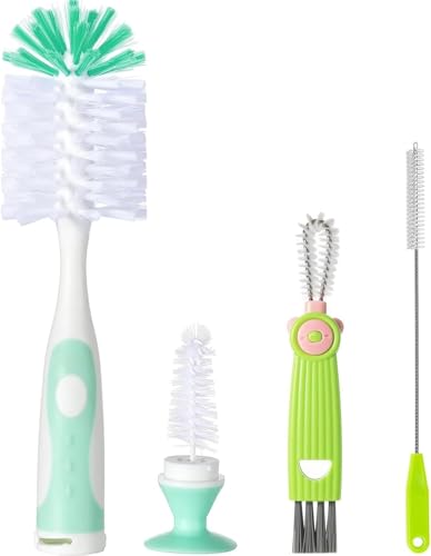 Baby Bottle Brush Set with Suction Base, Hidden Cleaner & Straw Brush, Green - color: Green