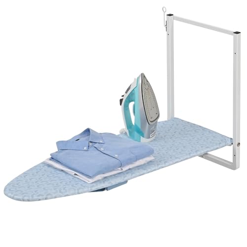 KINGBOARD Wall Mounted Ironing Board with Iron Storage, Foldable Iron Board - color: Light Blue