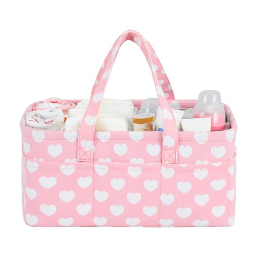 Diaper Caddy Organizer for Baby Girl-Nursery Storage Bin-Portable Car Organizer for Diapers and Baby Wipes- Baby Shower Registry Basket Newborn Must Have Tote Caddy Bag（Pink Heart） - color: Pink Heart, size: Large