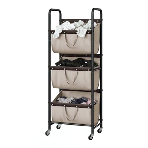GRANNY SAYS 3 Tiered Laundry Sorter, Narrow Hamper Cart with Wheels - color: Light Khaki