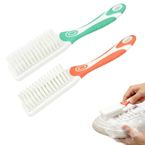 2 Pcs Shoe Cleaning Brush, Convenient Anti Slip Soft Bristle Shoes Cleaning Scrubber with Hanging Hole, Multi-Functional Long Handle Scrubbing Brush for Shoe and Clothing (Orange, Green) - color: Orange, Green