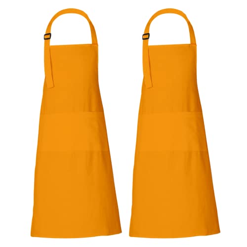 RAJRANG 100% Cotton Cooking Apron with 3 Pockets Kitchen Chef BBQ Adjustable Bib Aprons for Women Men - color: Dark Cheddar Yellow