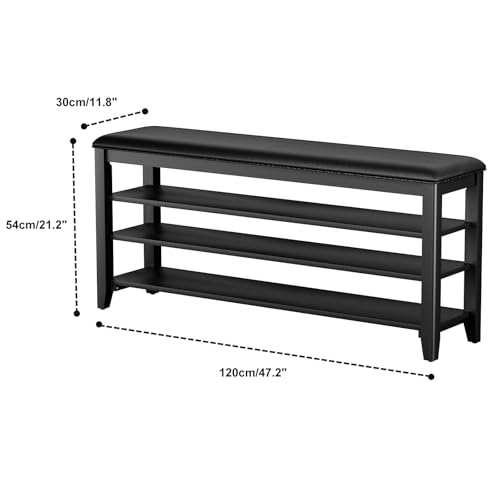 Taitiy Shoe Bench with 3 Tier Adjustable Shelves Rubberwood Entryway 47.2'' - color: Black, size: 47.2''
