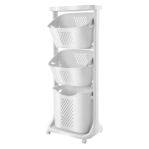 Clothes Hamper 3 Tier Rolling with Top Shelf, PP Plastic Laundry Sorter with Wheels, 3 Section Basket Organizer with Lockable Wheels, Tall Storage Basket for Bedroom Bathroom