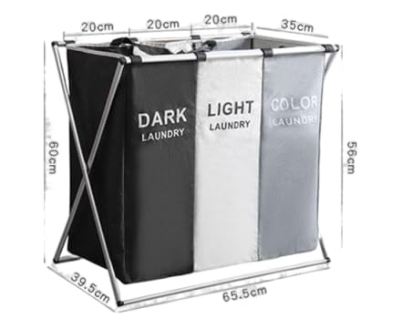 Laundry Basket Sorter, 3-Section Laundry Basket Organizer, Foldable Hamper/Sorter with Waterproof Oxford Bags and Aluminum Frame, Laundry Hamper suitable for laundry rooms (25.79x15.55x23.62 in)