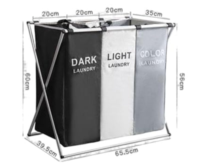 Laundry Basket Sorter, 3-Section Laundry Basket Organizer, Foldable Hamper/Sorter with Waterproof Oxford Bags and Aluminum Frame, Laundry Hamper suitable for laundry rooms (25.79x15.55x23.62 in)