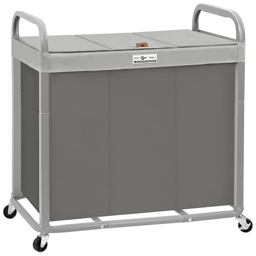 STORAGE MANIAC Laundry Hamper 3 Section with Lid Rolling Laundry Basket - color: Gray