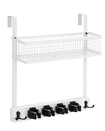 Lorbro Over the Door Broom and Mop Holder with Basket, 4 Grips and 4 Hooks