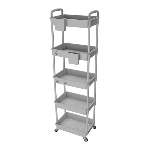 5 Tier Rolling Utility Cart with Handle,REBECAT Utility Cart Made of Multifunctional Storage Organizer Tool for Kitchen,Bathroom,Living Room,Office(Gray) - color: Gery