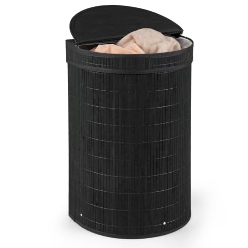 Giantex Bamboo Laundry Hamper with Zippered Lid, 16 Gal Large Capacity Clothes Hamper w/Removable Liner, Half Moon Laundry Basket for Bedroom, Bathroom, Laundry Room (Black) - color: Black