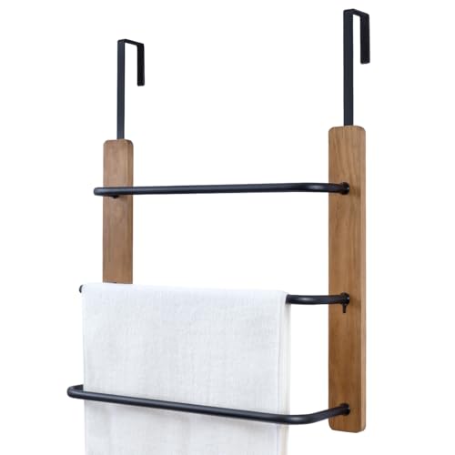 MyGift Over The Door Towel Rack for Bathroom, Rustic Solid Burnt Wood Towel Storage Organizer, 3 Tier Matte Black Metal Towel Bar, Space Saving Bathroom Door Hanging Towel Holder - color: Burnt Wood