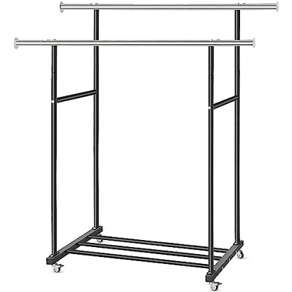 VICERII Clothes Rack, Double Clothing Rack with Wheels and Extra Wide Bottom Shelf, 52.36’’ Heavy Duty Garment Racks for Hanging Clothes, Coats, Shirts, Skirts, Dresses, 130LB Capacity, Black - color: Matte Black, size: Double