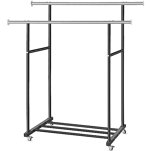 VICERII Clothes Rack, Double Clothing Rack with Wheels and Extra Wide Bottom Shelf, 52.36’’ Heavy Duty Garment Racks for Hanging Clothes, Coats, Shirts, Skirts, Dresses, 130LB Capacity, Black - color: Matte Black, size: Double