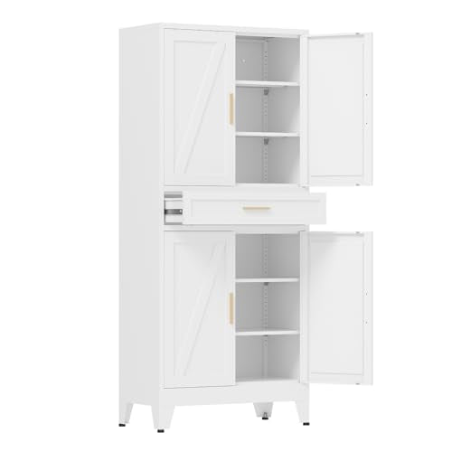 COFaR 71'' Tall Metal Pantry Cabinet with Drawer, Kitchen Storage Cabinet with 4 Doors and Shelves, Freestanding Farmhouse Food Cupboard for Kitchen Dinning Room Garage, White 6-Tier - color: White, size: 15.75''D × 31.5''W × 70.87''H-S07