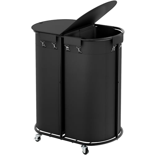 200L Double Laundry Hamper with Lid & Wheels, Oval Rolling Laundry Basket - color: Black, size: 200L(24.8"L x 16.9"W x 31.5"H)