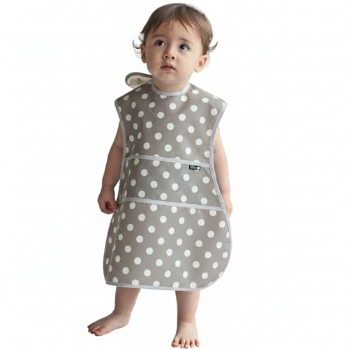 Plie Full Coverage Waterproof Feeding Bib for Toddlers – Extra Long Apron Bib for Mealtime, Self-Feeding, High Chairn - color: Gray Dot