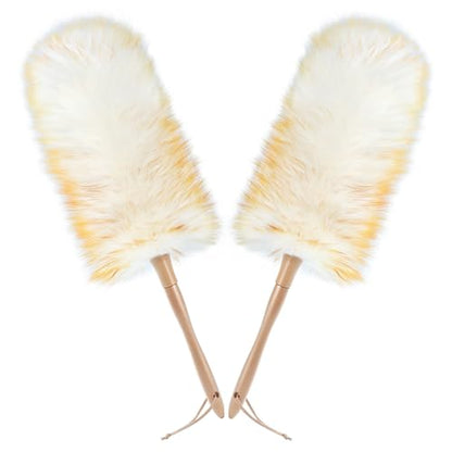 ONESIMUS 2 Pack Lambswool Dusters Fluffy Handheld Natural Feather Duster, 11 inch Washable Reusable Wool Dusters with Solid Wooden Handle for Cleaning Ceiling Fan, Interior, & Car etc - size: 2 Count (11inch)