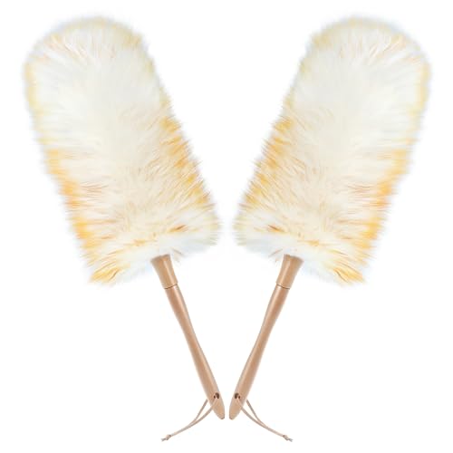 ONESIMUS 2 Pack Lambswool Dusters Fluffy Handheld Natural Feather Duster, 16.1 inch Washable Reusable Wool Dusters with Solid Wooden Handle for Cleaning Ceiling Fan, Interior, & Car etc - size: 2 Count (16.1inch)