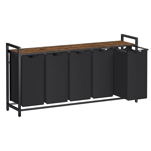 VASAGLE Laundry Hamper with Shelf, 5 Pull-Out Bags, 5 x 10.6 Gallons (40L) - color: Black + Rustic Brown, size: 5 Bags - 200 L