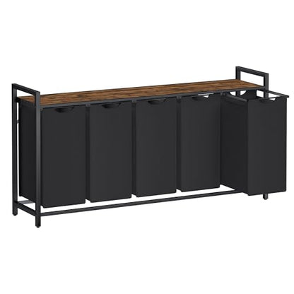 VASAGLE Laundry Hamper with Shelf, 5 Pull-Out Bags, 5 x 10.6 Gallons (40L) - color: Black + Rustic Brown, size: 5 Bags - 200 L