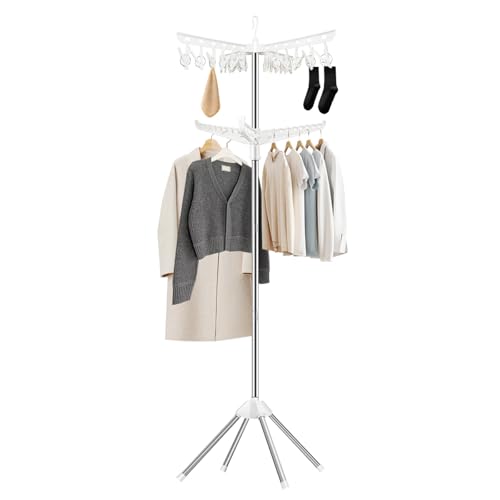SUYU Clothes Drying Rack,Folding Clothes Drying Tree, 2 Layer with 24 Clips and 3 Rotatable Arms,66.9-Inch Indoor Clothes Rack,Stainless Steel,4 Legs,White and Silver SNJ102 - style: 2-Tier-Clip