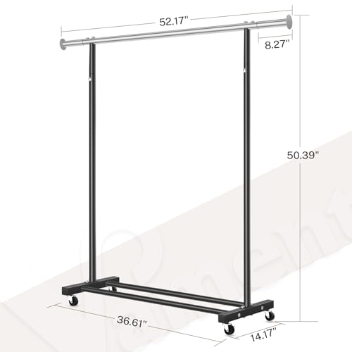 VICERII Clothes Rack, 130LB Capacity Heavy Duty Clothing Rack with Wheels and Bottom Shelf, 52.17 Inch Rolling Racks for Hanging Clothes, Coats, Shirts, Sweaters, Skirts, Dress, Black - color: Matte Black, size: Single