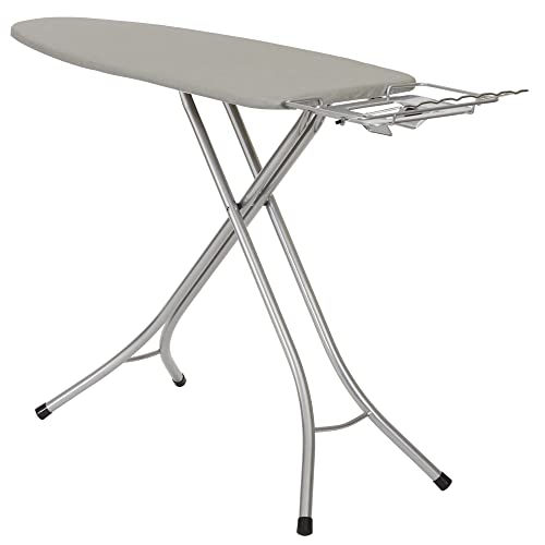 Household Essentials Wide Top Ironing Board with 4‑Leg Steel Frame, Fixed Iron Rest, Silicone‑Coated Cotton Cover, Grey - color: Grey/Silver, size: 49" L, style: With iron station