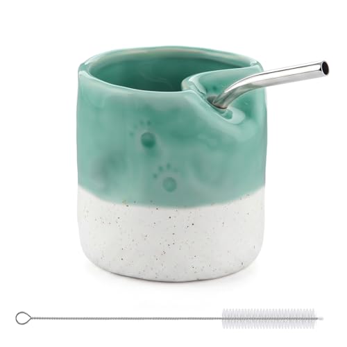 Ceramic Coffee Mug with Sip Hole 10oz Espresso Cup with Straw and Cleaning Brush Paw Pattern Green Cup Porcelain Travel Cups Cappuccino Latte Mug for Kitchen Coffee Bar - color: Green/White