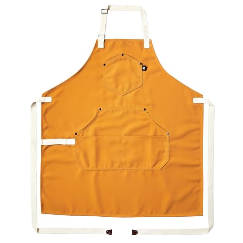 HexClad Eco Modern Chef Apron for Cooking and Grilling, Professional HexTwill Fabric Aprons with Pockets - color: Mustard