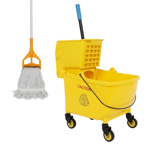 35 Qt Commercial Mop Bucket with Side Press Wringer on Wheels and Mops Set for Floor Cleaning, Industrial Mop and Bucket Set for Home, Restaurant, Shopping Mall,Yellow