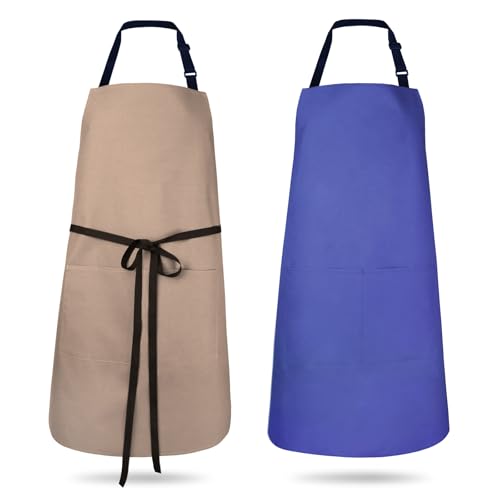 2 Pack Kitchen Aprons, Waterproof and Oil Resistant with 2 Pockets, Adjustable Neck Strap for Chef Apron - color: Royal Blue & Brown