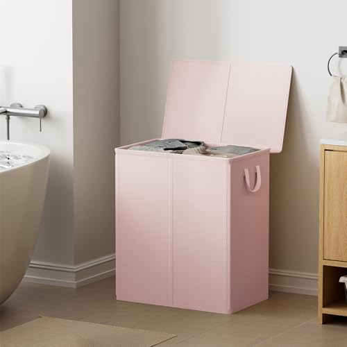 Chrislley Double Laundry Hamper with Lid, 140L Laundry Basket 2 Section - color: Pink, size: 140l(24.0"l X 14.2"w X 25.2"h)