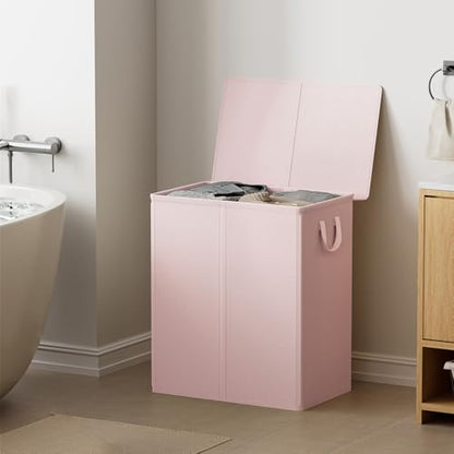 Chrislley Double Laundry Hamper with Lid, 140L Laundry Basket 2 Section - color: Pink, size: 140l(24.0"l X 14.2"w X 25.2"h)