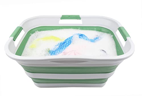 SAMMART 30L(8 gallon) Collapsible Plastic Laundry Basket - Foldable Pop Up Storage Container/Organizer - Space Saving Hamper/Basket - Water Capacity 24L(6.3 gallon) (1, Grey/Dark Sea Green) - color: Grey/Dark Sea Green