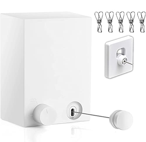Retractable Clothesline Clothes Line Retracting Outdoor/Indoor, Heavy Duty Stainless Steel Adjustable Drying Rope Wire Dryer with ABS case+Aluminum, Self Adhesive Wall Mount 13.8 Feets White - color: 0 White