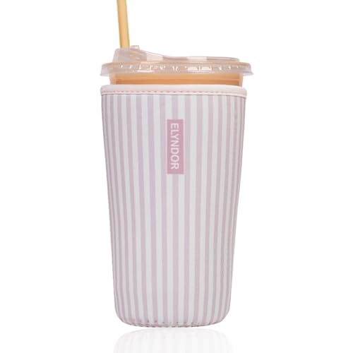 Reusable Insulated Sleeve for Iced Coffee Cup, Coffee Neoprene Sleeve for Cold & Hot Drinks, Beverage Holder for Iced Coffee (Pink Stripes, Large: 32oz) - color: Pink Stripes, size: Large: 32oz