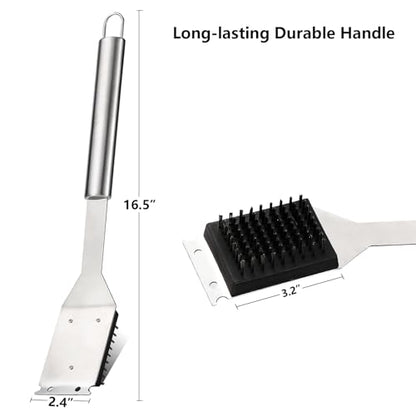 16.5” Grill Brush and Scraper with 2 Brush Replacements & 1 Screwdriver, Wire BBQ Grill Brush for Outdoor Grill, 304 Stainless Steel Cleaning Brush BBQ Grill Accessories
