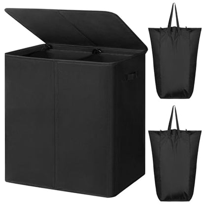WOWLIVE 140L Double Laundry Hamper 2 Section with Lid and Removable Bags - color: Black, size: 140l (23.6x 13.8x 25.6 Inches)