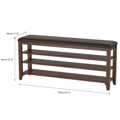Taitiy Shoe Bench with 3 Tier Adjustable Shelves Rubberwood Entryway 47.2'' - color: Walnut, size: 47.2''